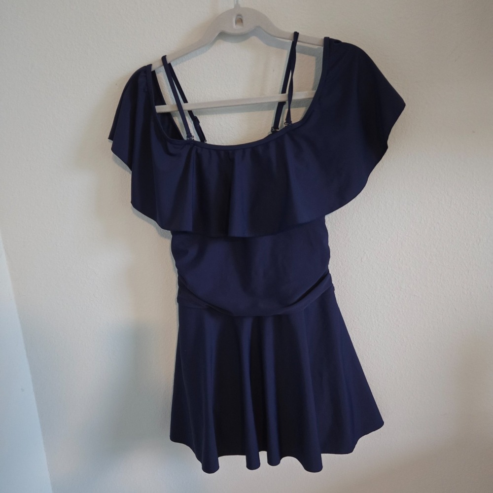 Shekini Womens Swimdress Navy Size M Ruffled Neckline Ruched Side Skater Skirt